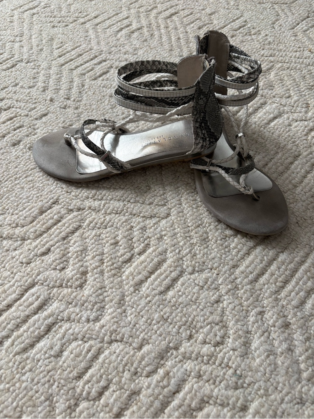 Very Volatile Gray Snake-Print Wrap Sandals